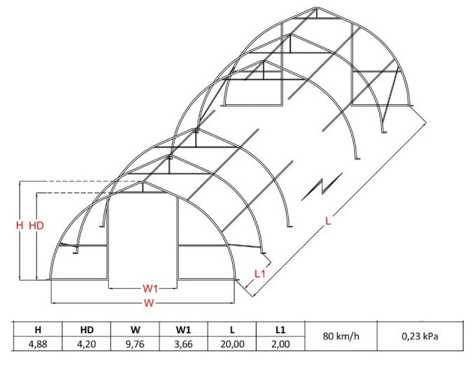 Arkveida PVC tenta telts/10m plata, 12-30m garš