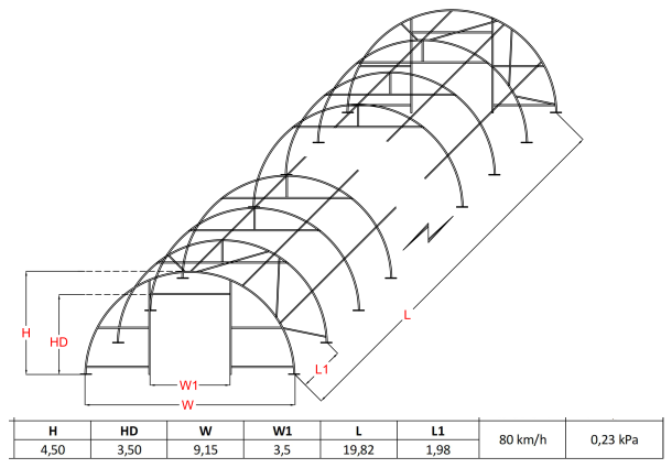 Pusapaļais PVC tenta angārs/9m plats, 12-30m garš