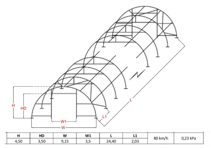 Pusapaļais PVC tenta angārs/9m plats, 12-30m garš