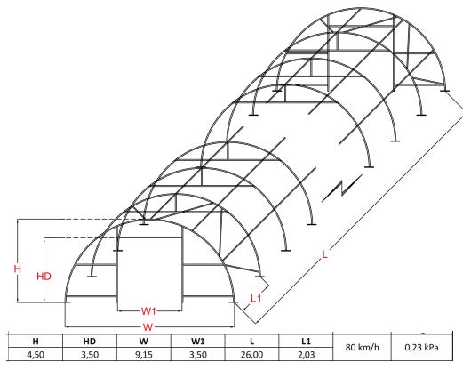 Pusapaļais PVC tenta angārs/9m plats, 12-30m garš