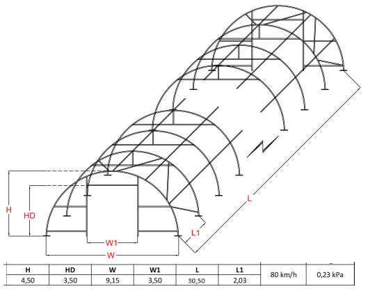 Pusapaļais PVC tenta angārs/9m plats, 12-30m garš