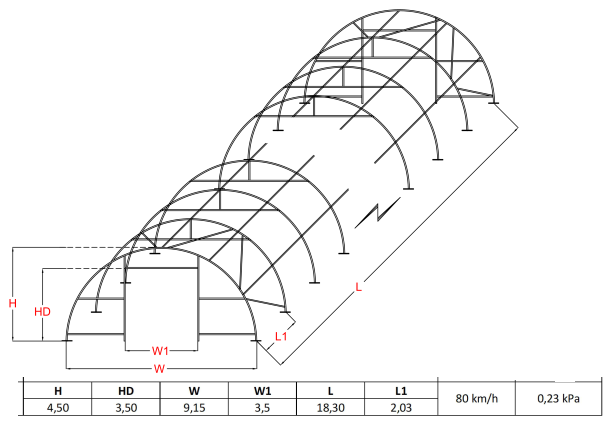 Pusapaļais PVC tenta angārs/9m plats, 12-30m garš