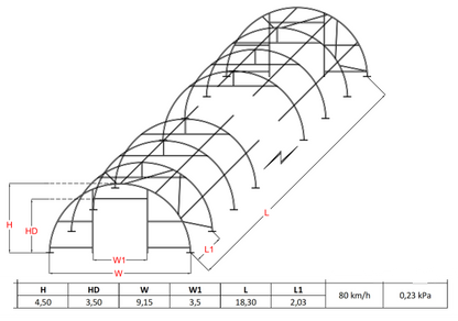 Pusapaļais PVC tenta angārs/9m plats, 12-30m garš