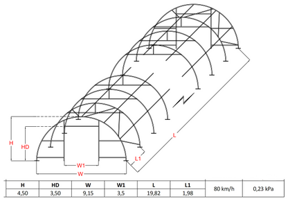 Pusapaļais PVC tenta angārs/9m plats, 12-30m garš