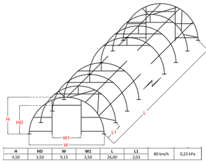Pusapaļais PVC tenta angārs/9m plats, 12-30m garš
