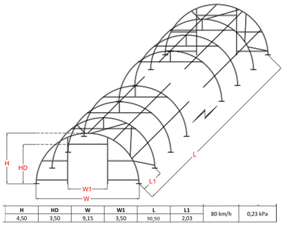 Pusapaļais PVC tenta angārs/9m plats, 12-30m garš
